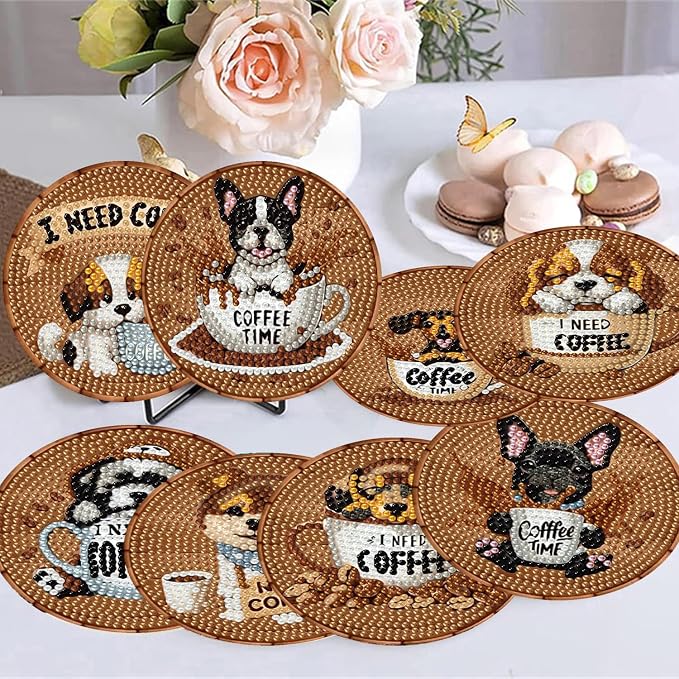 8 Pack Diamond Art Coasters, Coffee Dog Diamond Painting Coasters Kits | Dog