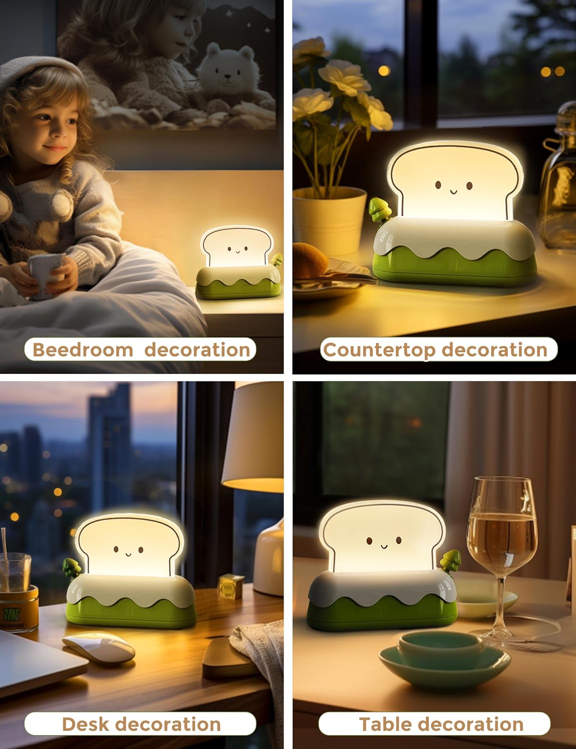 L LOHAS LED Cute Toaster Night Lights for Kids, Kawaii Stuff Bread Desk Lamp with Smile Face, Rechargeable Desk Decor for Bedroom, Besides, Dinning, Nursery Night Light for Kids, Boys, Girls, Gifts