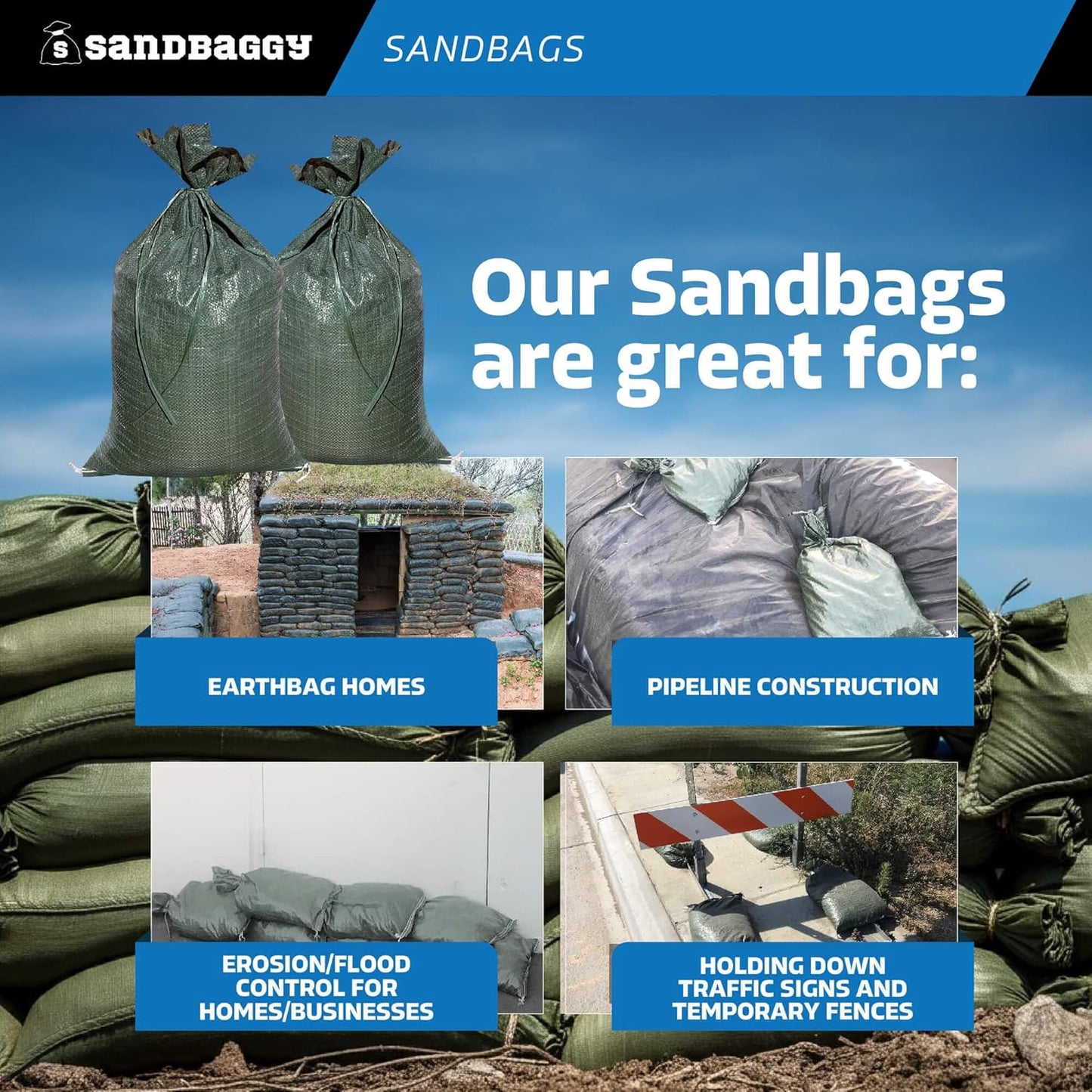 Sandbaggy - Heavy Duty Empty Sandbags For Flooding (14" X 26") - Poly Sand Bags - Flood Barrier, Weight, Construction, Earth Bag Homes - Reusable, UV Resistant - Tie Strings Attached (50 Bags)