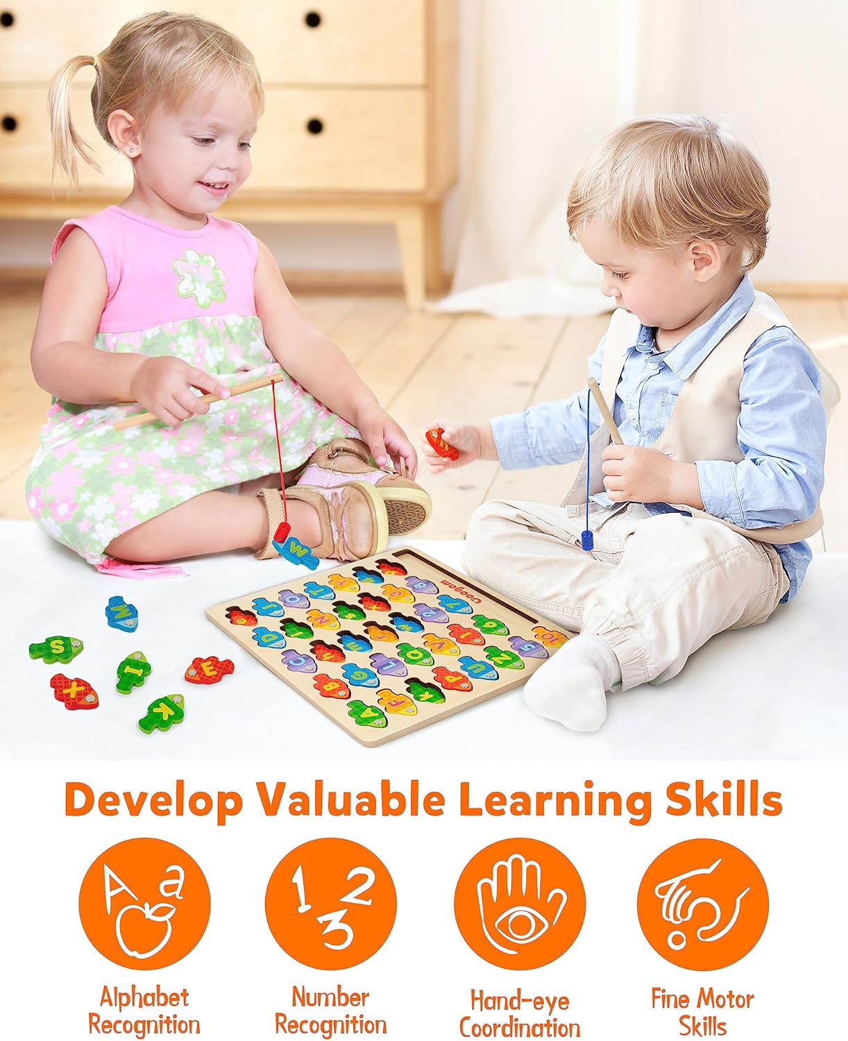 Coogam Magnetic Alphabet Numbers Fishing Game, Wooden ABC Letter Numbers Color Matching Puzzle Fine Motor Montessori Educational Toy for Preschool 3 4 5 Year Old Toddlers