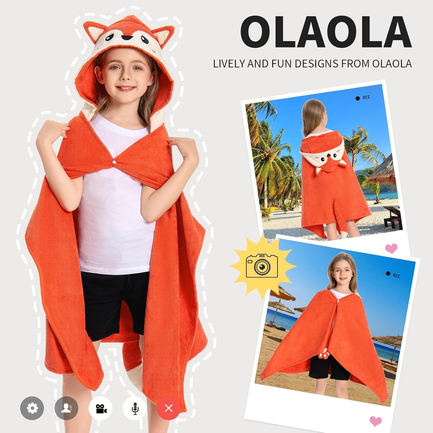 OLAOLA Fox Hooded Towel for Kids 3-12 Years, 28" x 53" Soft Thick Absorbent Beach Towels, Toddler Bath Towel Wrap Swim Pool Towels Poncho for Boys Girls