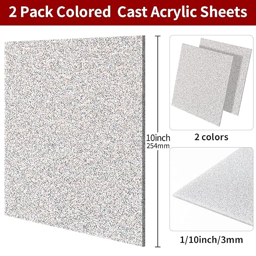 2 PCS 10 x 10 inch Glitter Colored Plexiglass Acrylic Sheets
