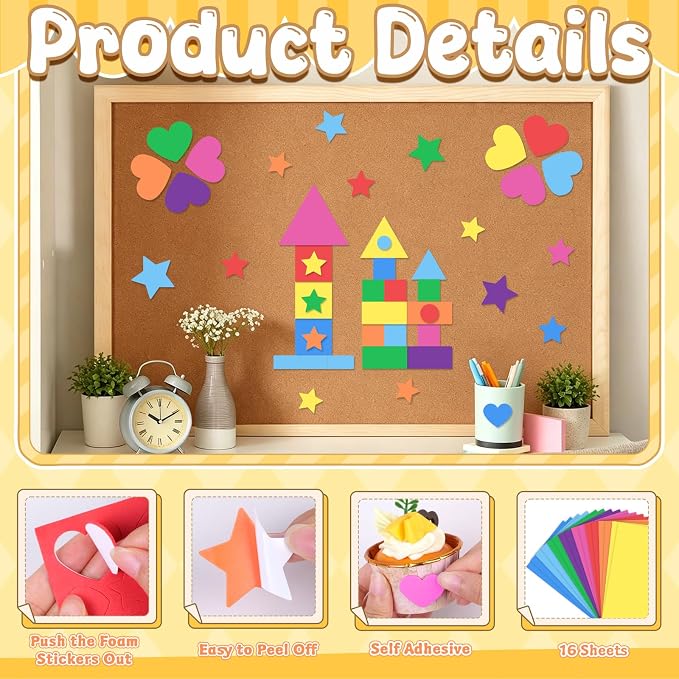 1616Pcs Foam Shape Stickers for Crafts 8Colors Self Adhesive Foam Stickers Star