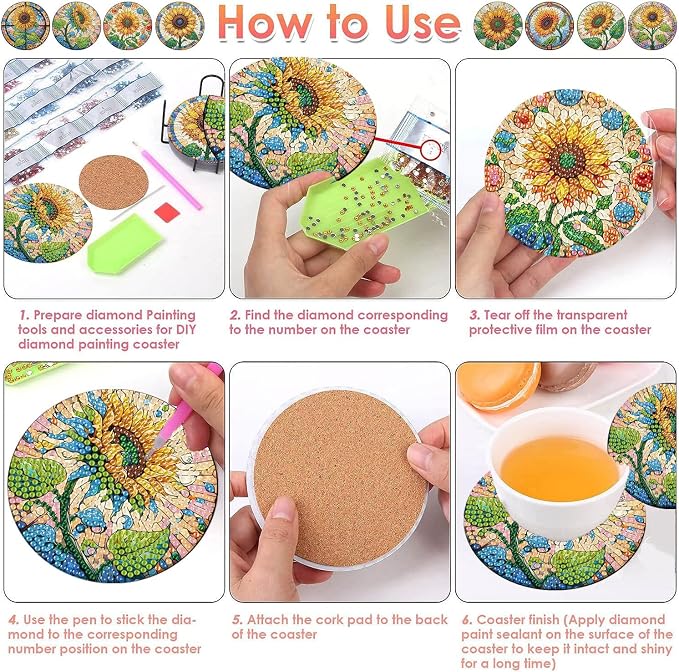 ijbnhd 8 PCS Sunflower Diamond Painting Coasters | Sunflower Diamond Art