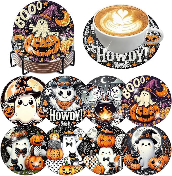 Axquilon 8 Pcs Halloween Diamond Art Coasters Kit
