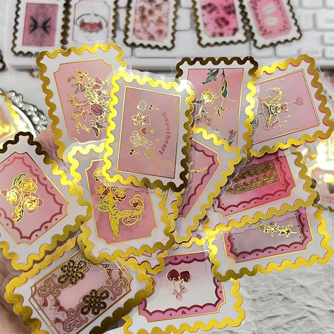 50 Pieces of Gold-Embossed Cartoon Love Stamp Stickers, Suitable