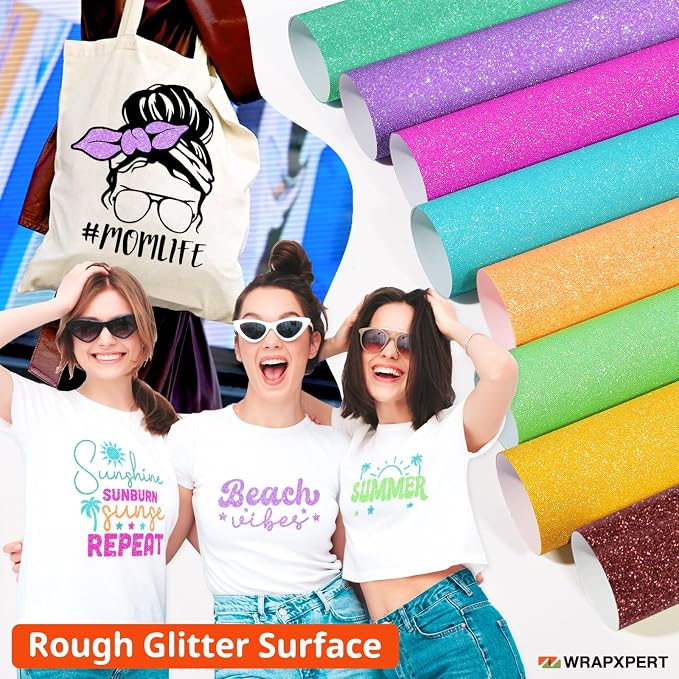 WRAPXPERT Neon Glitter HTV Heat Transfer Vinyl Bundle, 8 Packs Glitter Iron on