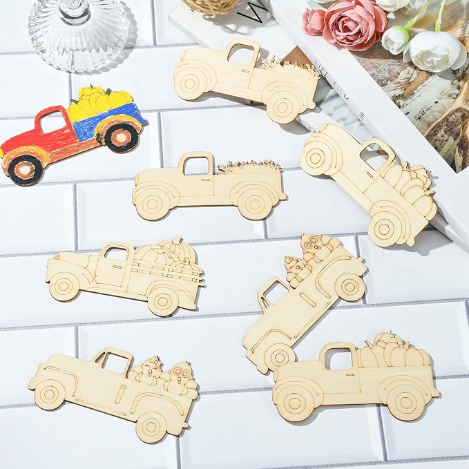 32 pcs Pumpkin Carriage Theme Undyed Wood Cutout Charms Car Vehicle Halloween