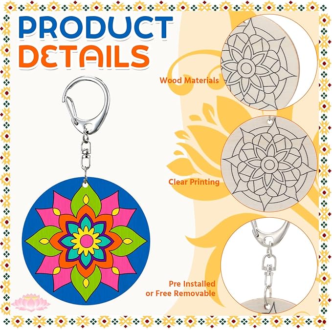 RattanView 24 Pcs Mandala Craft Color Your Own Keychains DIY Craft Wooden Blank