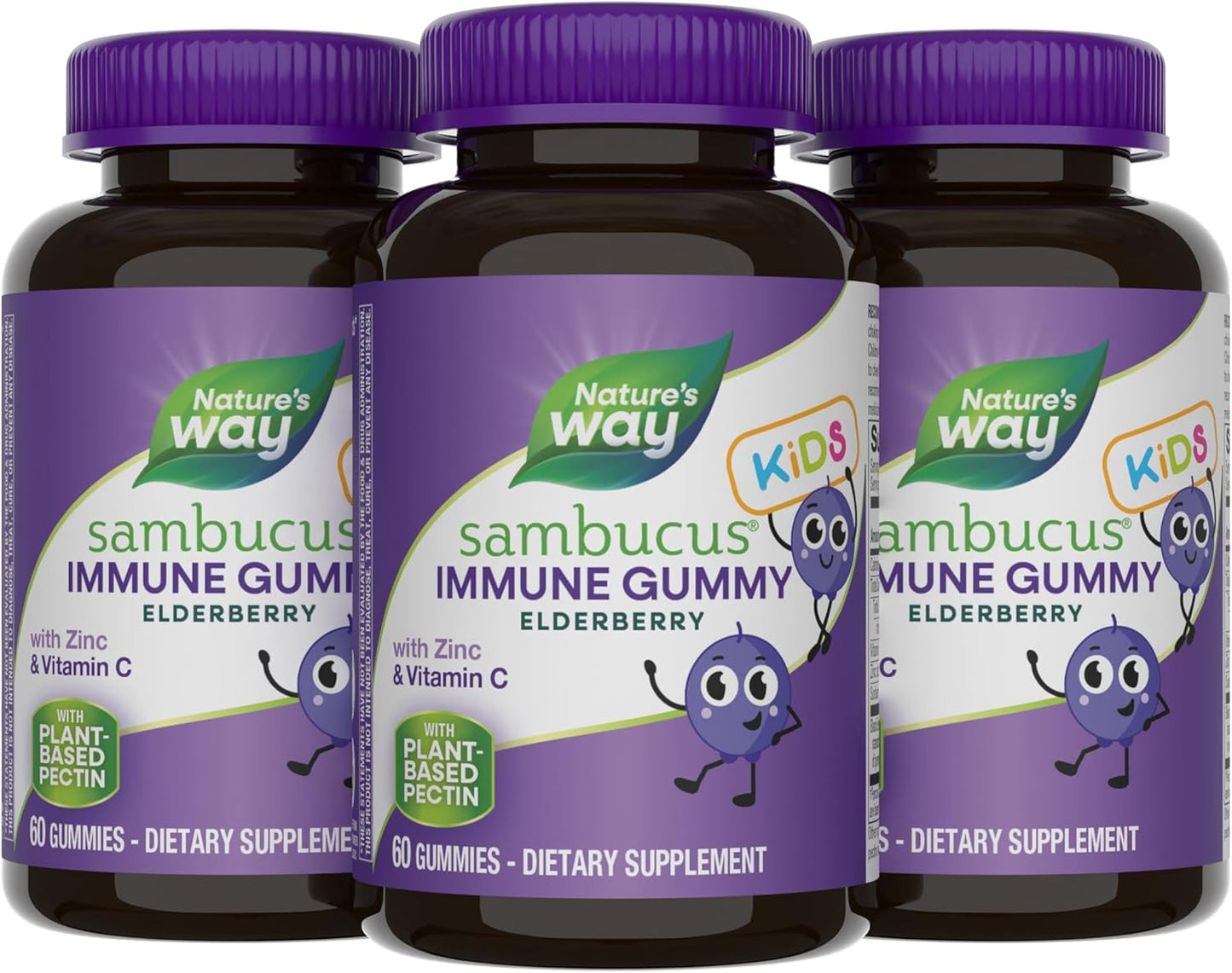 Nature's Way Sambucus Elderberry Immune Gummies for Kids with Black Elderberry Extract, Vitamin C and Zinc, Immune Support Gummies*, 60 Count (Set of 3)