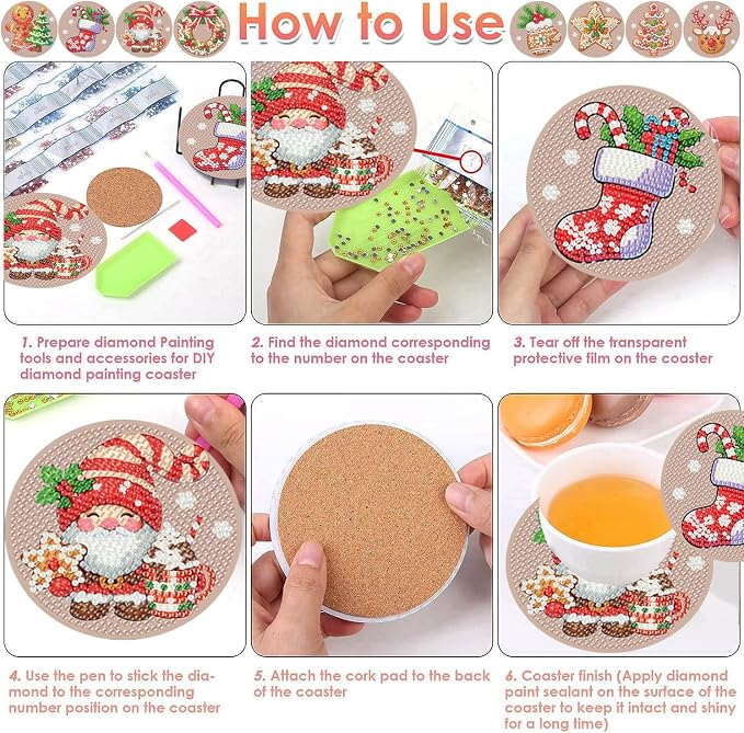 ijbnhd 8 Pcs Christmas Diamond Painting Coasters Kits Diamond Art Coasters |