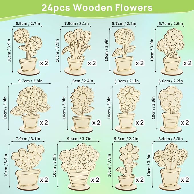 24 PCS Wooden Flower Crafts to Paint, Unfinished Wooden Flowers Spring Slices