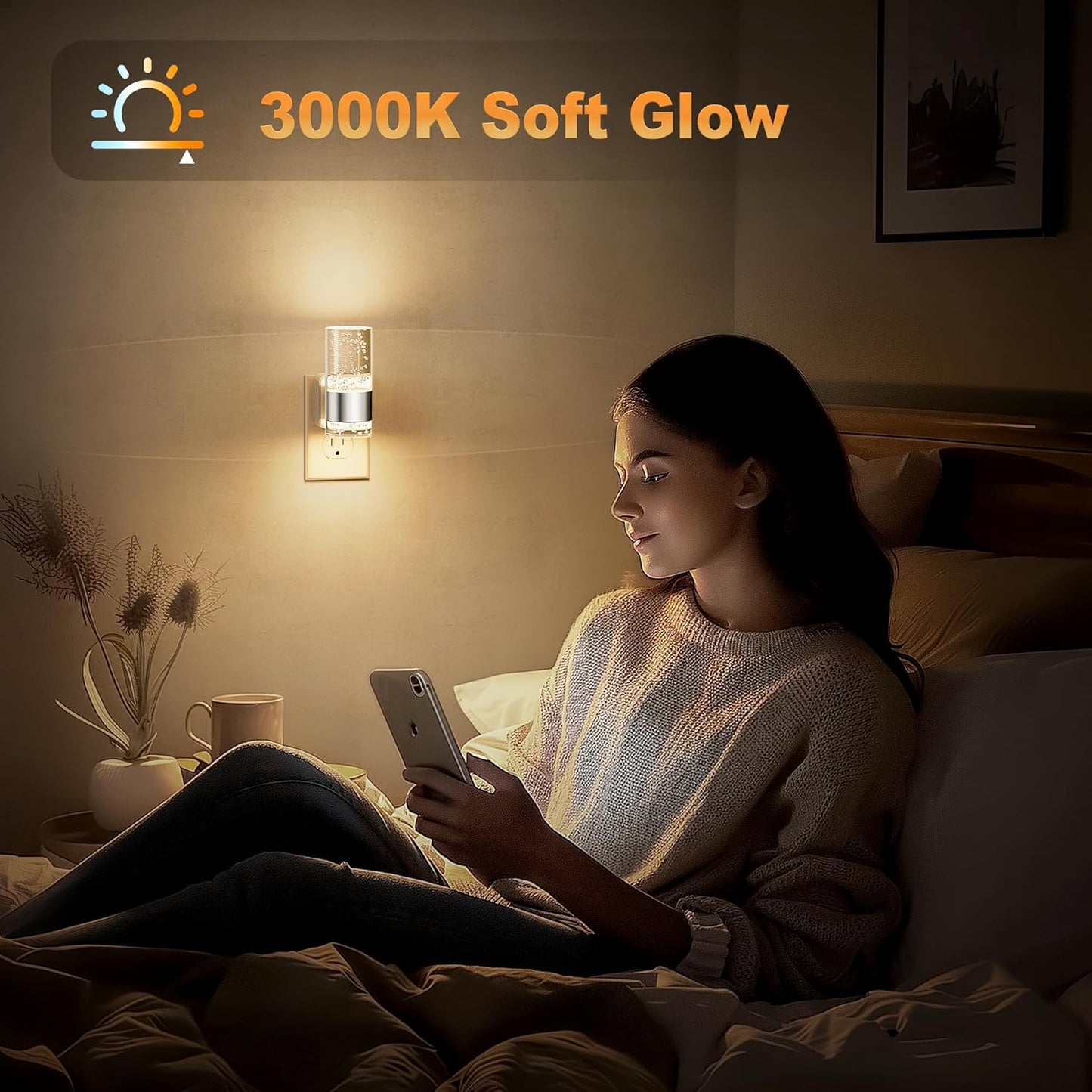 JandCase Night Light, Night Lights Plug into Wall,3000K Warm White LED Nightlight with Adjustable Brightness, Automatic Night Light Plug in with Light Sensor for Bathroom Hallway Room Decor
