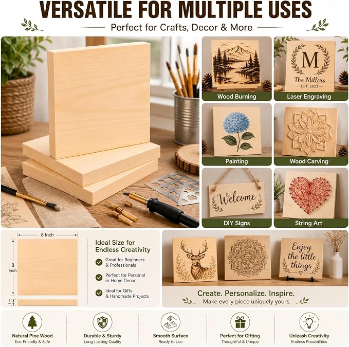 4 PCS Solid Pine Wood Blocks, Laser Engraving, DIY Signs, Home Decor and Craft