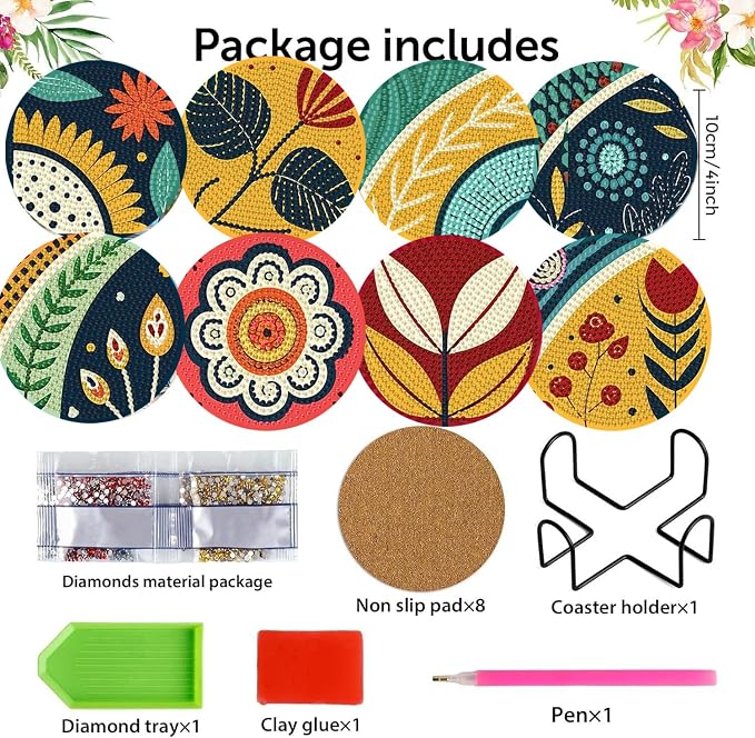 Zythron 8 Pack Diamond Art Coasters Kits, Flowers Diamond Painting Coasters |