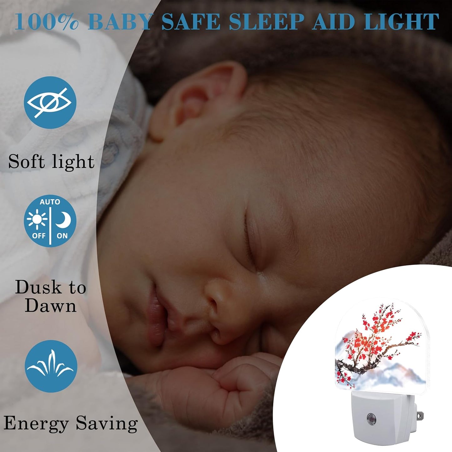 Plug in Night Lights Oriental Cherry Tree Ink Painting Nightlight Plug Into Wall Dusk to Dawn Sensor LED Night Light for Kid Girls Boys Room Decor,Hallway,Kitchen,Bathroom,Nursery,Stairs