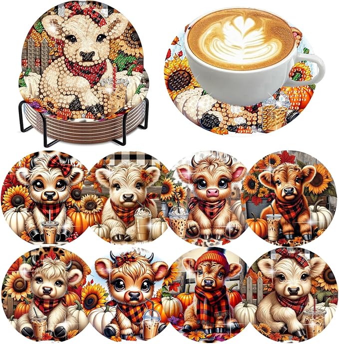 Axquilon 8 Pcs Highland Cow Diamond Art Coasters Kit