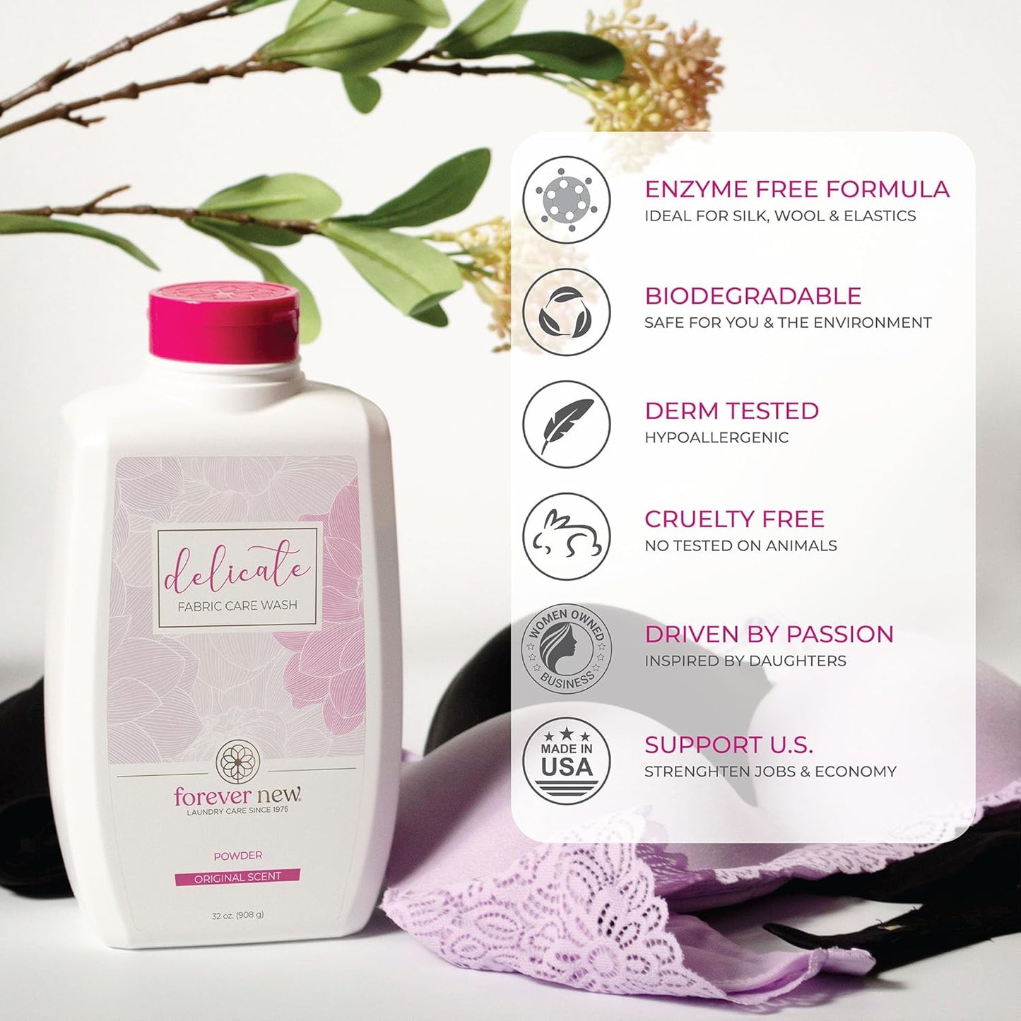 FOREVER NEW Delicate Hypoallergenic Laundry Detergent Powder - 6-8 Large Loads - Gentle washing detergent for Silk, Cashmere, Bra, Undergarments, Cotton, Wool, etc. - Unscented - 4oz