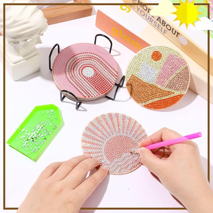 UPINS 8Pcs Boho Diamond Art Painting Coasters