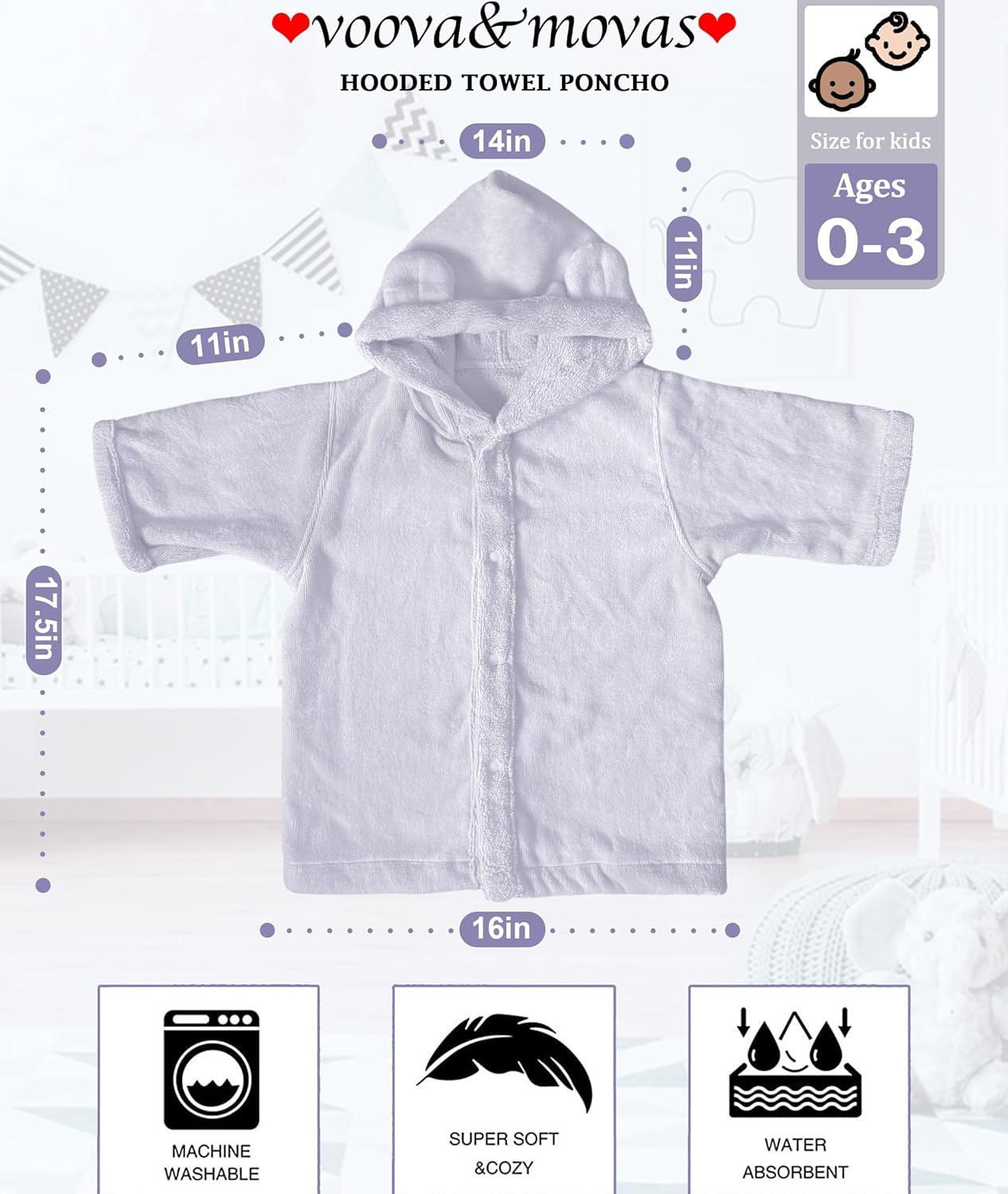 VOOVA & MOVAS Baby Hooded Poncho Towel with Bear Ear, 0-3Years | 100% Cotton, Ultra-Soft & Absorbent | Gentle for Sensitive Skin, Bath, Pool Towel for Toddler | Newborn (Purple)