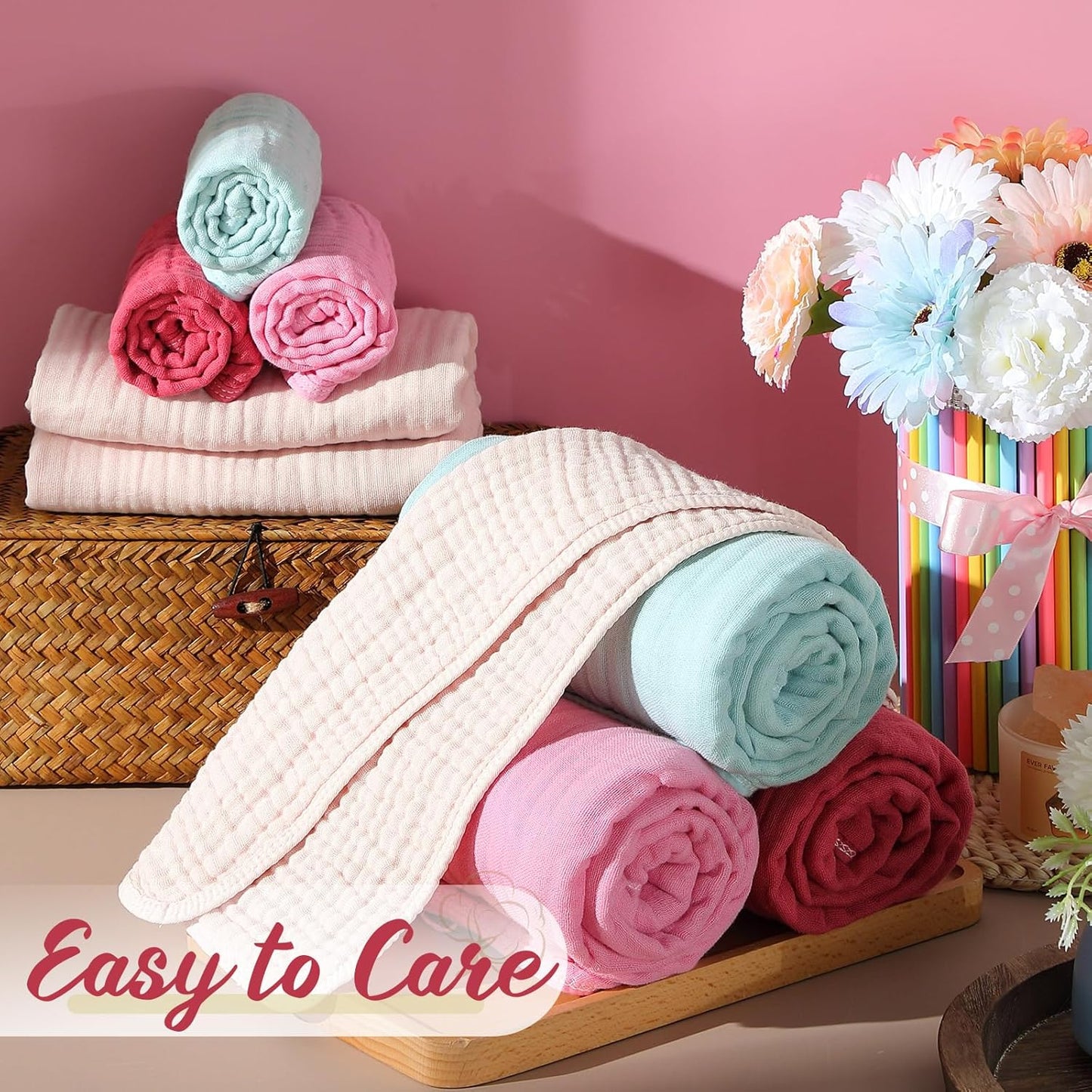 VitalCozy 8 Pcs Baby Muslin Hooded Bath Towels and Washcloths, 32 x 32 Inch Muslin Cotton Hooded Baby Towels Absorbent Blankets for Gift Newborn Infant Shower (Vivid Color)