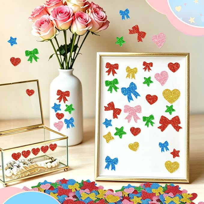 625Pcs Foam Stickers Glitter Colorful Star Heart Bow Shapes Stickers 5Sheets 3D