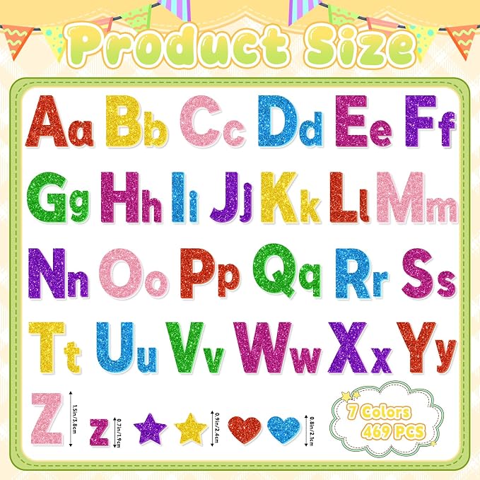 Glitter Foam Letter Stickers 469 Pcs Self-Adhesive Uppercase & Lowercase ABC