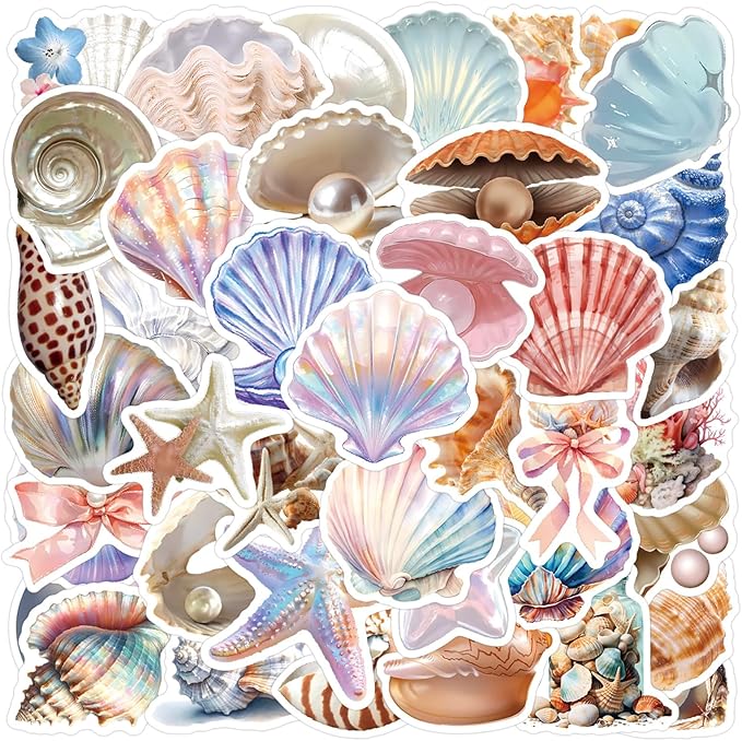 60PCS Sea Shell Stickers Aesthetic PET Transparent Conch Sticker Clamshell