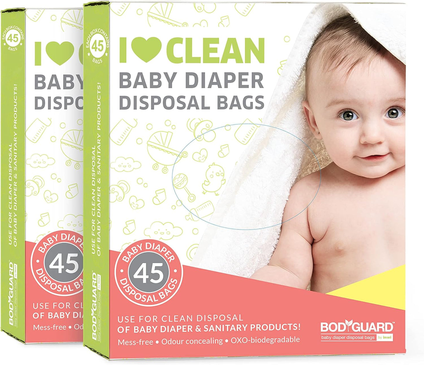 Bodyguard Baby Diaper Disposable Bags - 90 Bags - Leak-Proof Bags for Discreet Disposal of Diapers and Intimate Sanitary Products, 45 Piece Per Pack