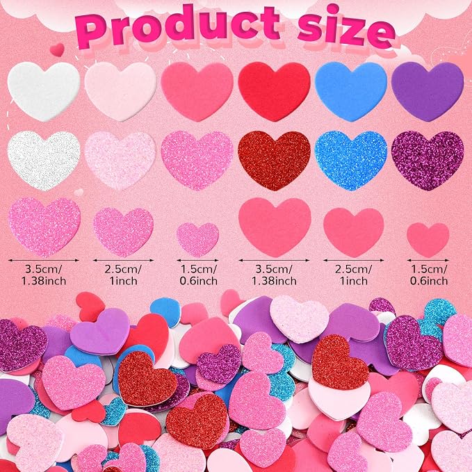 600Pcs Foam Heart Stickers Valentine's Day Glitter Love Sticker | 3 Sizes
