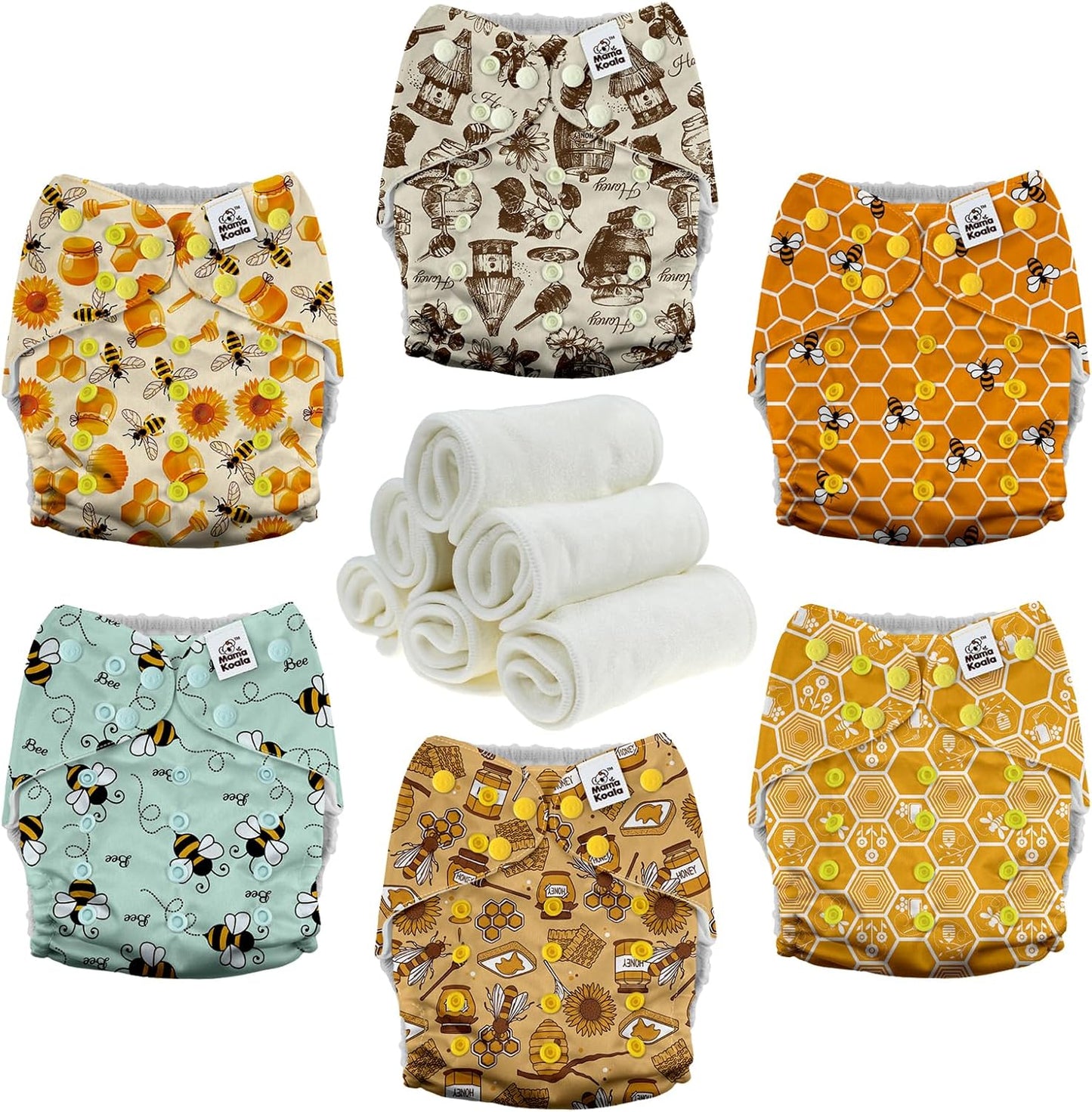 Mama Koala 3.0 Pocket Cloth Diapers for Babies with AWJ Lining, 6 Pack with 6 4-Layer Natural Cloth Diaper Inserts - Reusable and Washable Pocket Diapers(Hardworking Bees)