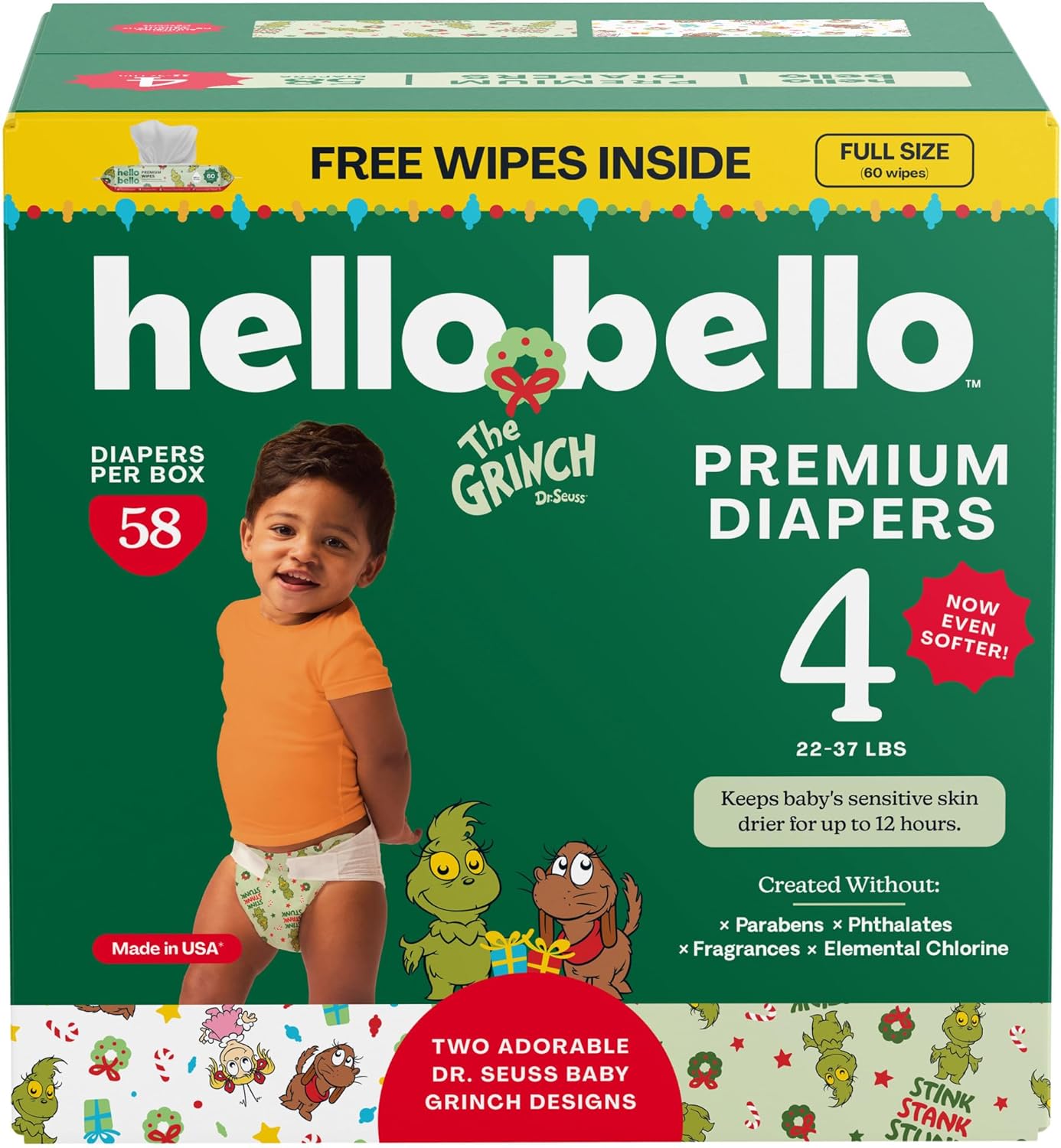 Hello Bello Dr. Seuss Baby Grinch Premium Diapers, Size 4 (22-37 lbs), 58ct Plus Bonus Wipes: Softness & Protection for Sensitive Skin