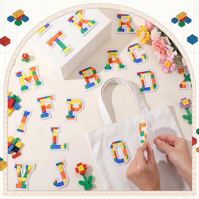 WILLBOND 52 Pcs Building Blocks Alphabet Patches 2.8 Inch Self Adhesive Letter