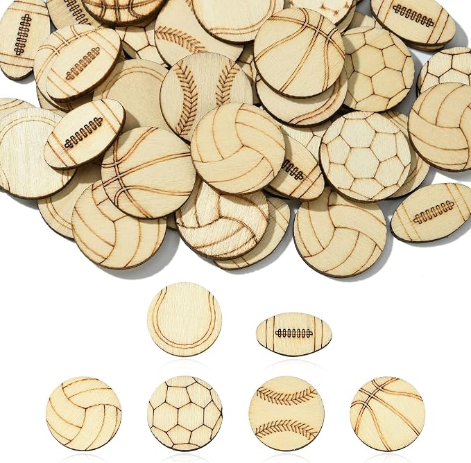 200 pcs Mixed Styles Sport Theme Undyed Wood Cutout Charms Basketball Football