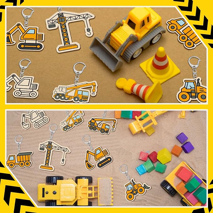 RattanView 24 Pcs Construction Vehicle Craft Color Your Own Keychains Diy Craft