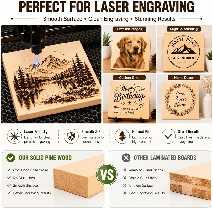 4 PCS Solid Pine Wood Blocks, Laser Engraving, DIY Signs, Home Decor and Craft