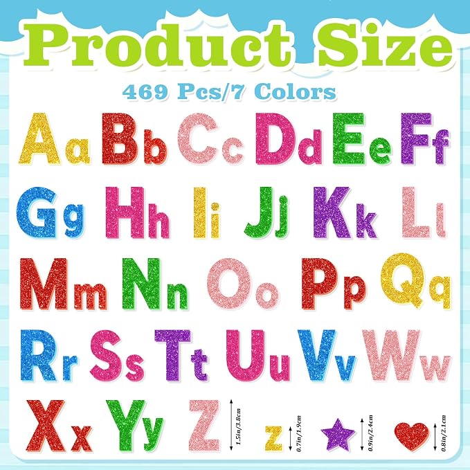 469 Pcs Glitter Foam Stickers, Letter Shapes Stickers, 7 Sheets Colorful 3D