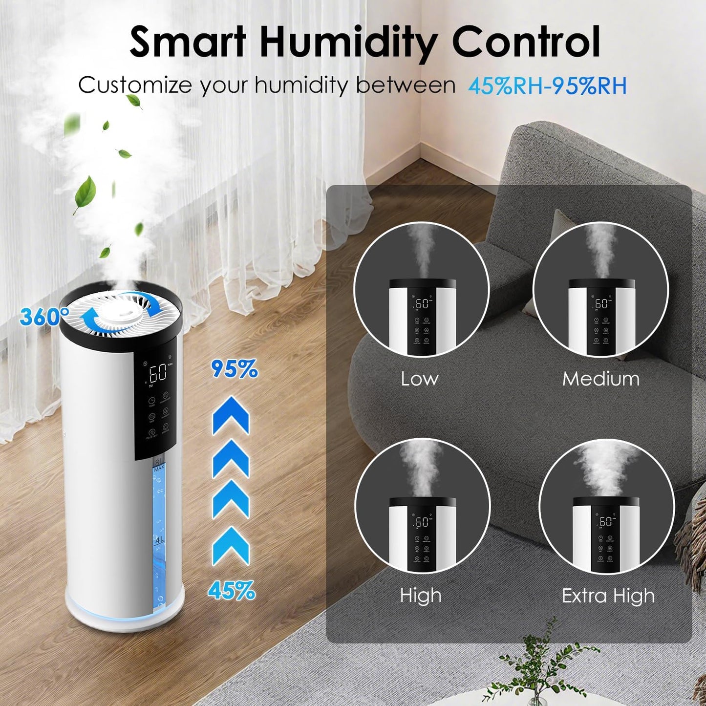 Humidifiers for Large Room 550 ft² - GloryAir 8L Cool Mist Humidifier for Bedroom Home Plants Baby, Top Fill, 120H Runtime, 4 Mist Spray Levels, 7-Color Light, 35dB Quiet Humidifier