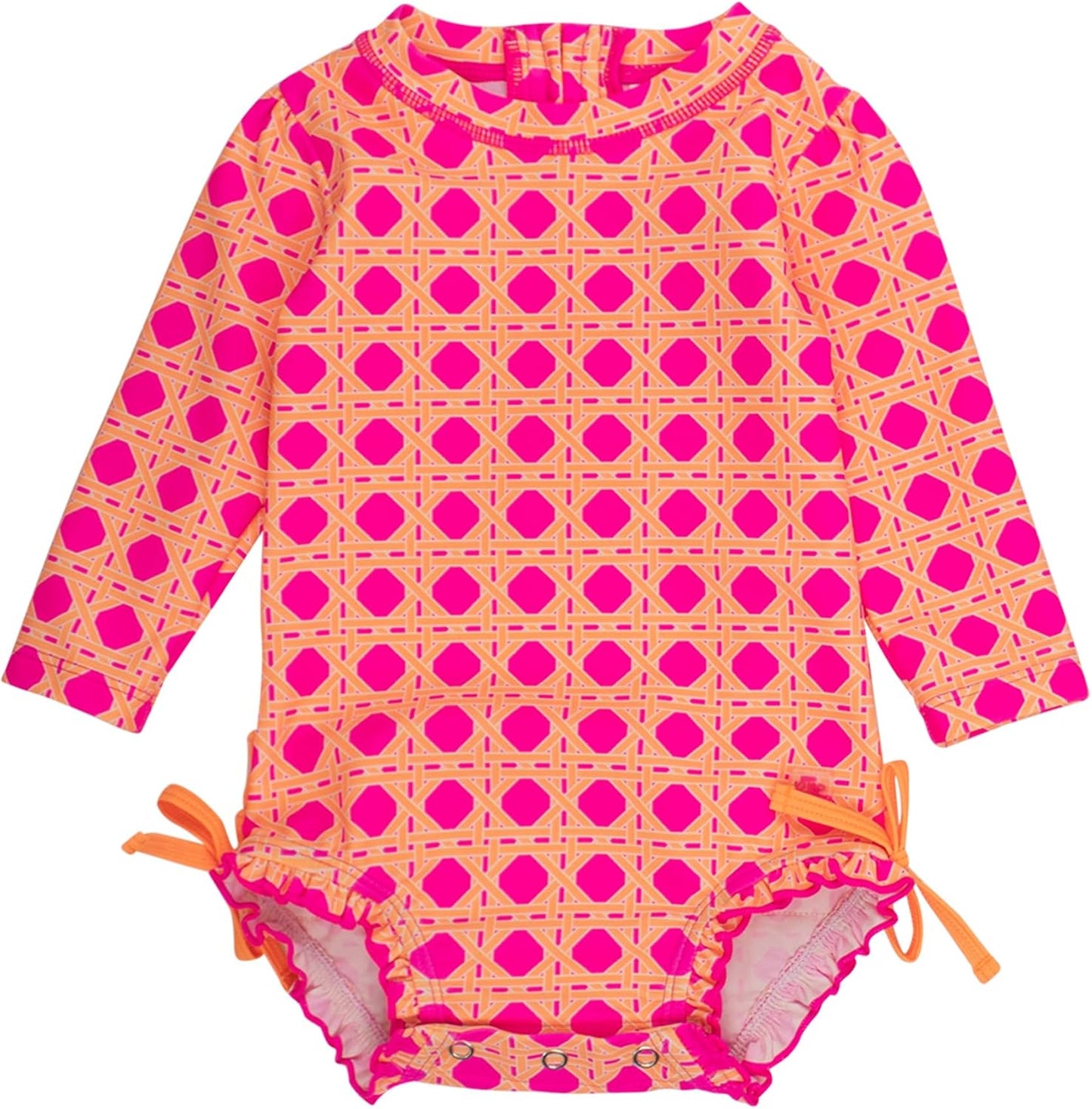 RuffleButts Baby Girls UPF 50+ Sun Protection Novelty Print Long Sleeve One Piece Rash Guard Swimsuit with Zipper