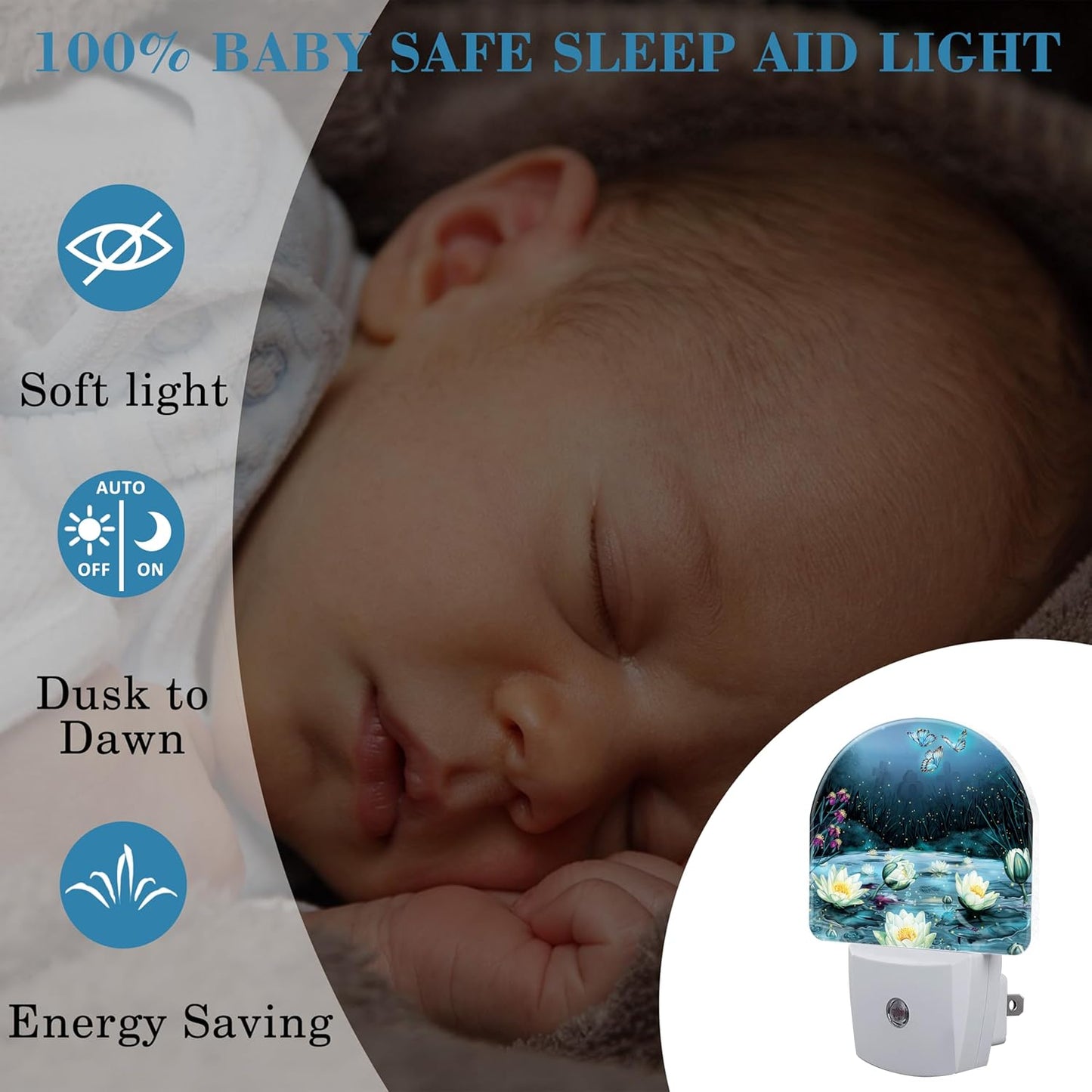 Night Light Plug into Wall Magic Lotus Flower and Butterfly Night Light with Dusk to Dawn Sensor Night Light for Kid Girls Boys Women Room Decor, Hallway, Kitchen, Bathroom, Nursery, Stairs