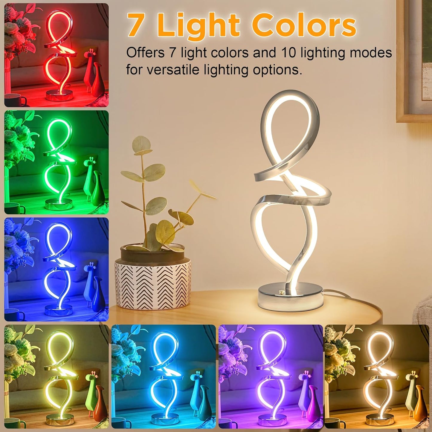 Mayful Modern RGB Table Lamp with LED Spiral Design, Silver Bedside Lamp & Nightstand Lamp, Touch Dimmable with 7 Colors & 10 Modes for Bedroom, Living Room, Home Office, 15W