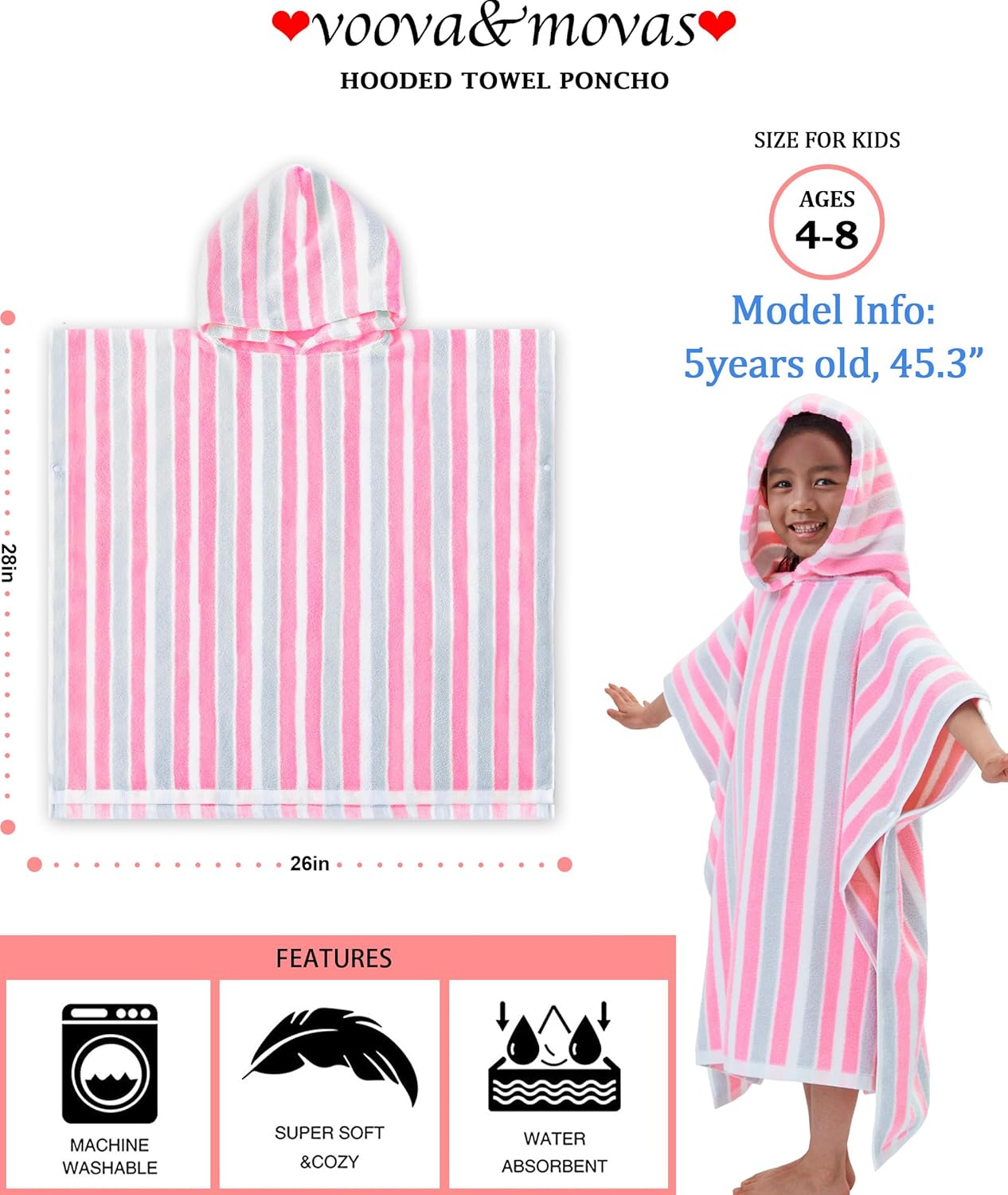 VOOVA & MOVAS Kids Poncho Towels - Soft 100% Cotton (4-8Years), Quick Dry Absorbent Light Weight Hooded Towel for Pool | Swim | Beach | Bath, Pink Gray Stripe