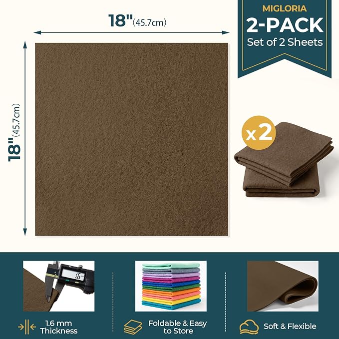 Felt Fabric Sheet 18 x 18 Inch, 1.6mm Thick | Soft and Flexible Nonwoven