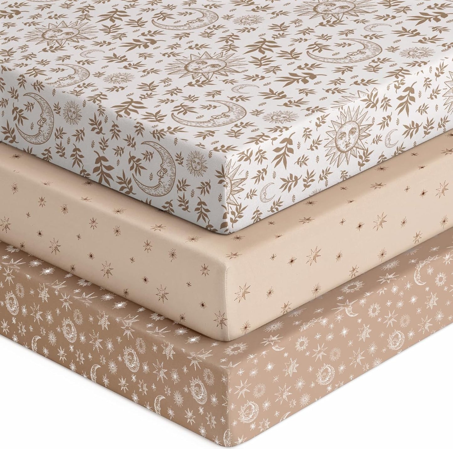 Baby Crib Sheets for Boys Girls, 28x52x8in Fitted Crib Sheet Neutral 3 Pack for Standard Crib and Toddler Mattress, Breathable Soft Microfiber Baby Sheet White Brown Sun God