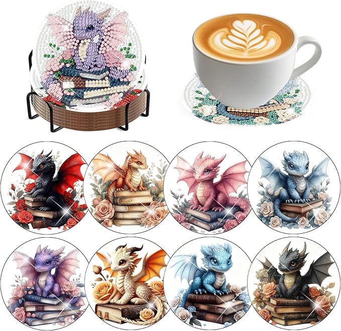 8 PCS Diamond Art Coasters Kits Dragon Book Diamond Painting Coaster | Diamond
