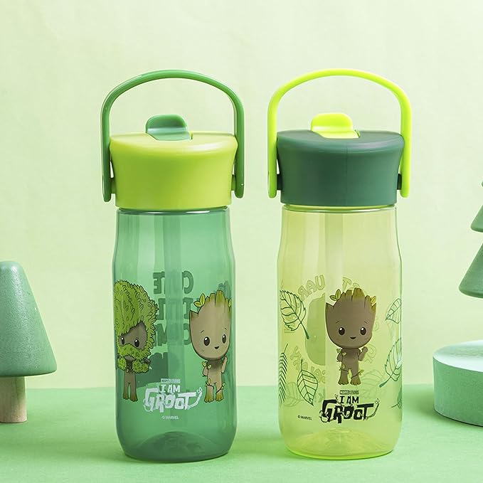 Zak Designs Harmony Marvel Groot Water Bottle for Travel or At Home, 18oz Recycled Plastic is Leak-Proof When Closed with Straw Lid and Carry Handle, 2-Pack (Groot)
