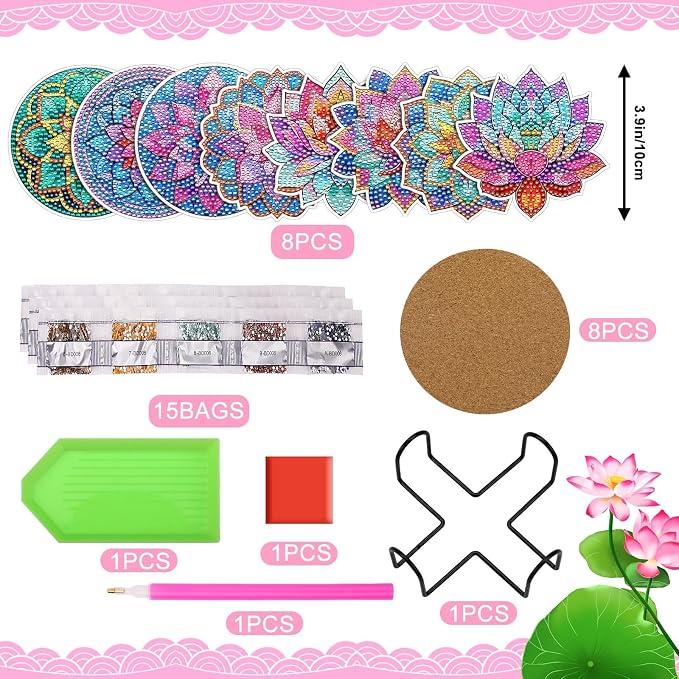 UPINS 8Pcs Lotus Diamond Art Painting Coasters Kits