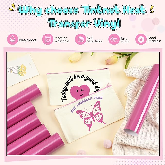 Tintnut Hot Pink Heat Transfer Vinyl, 6 Sheets 12×10in Iron on Vinyl | Bright