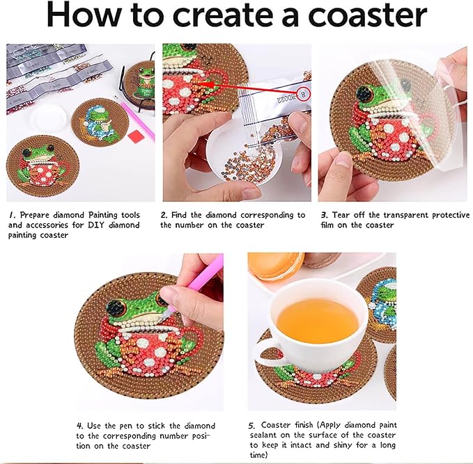 Clendo 8 PCS Coffee Frog Diamond Art Coaster Kits