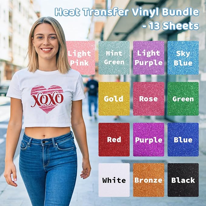 DUEUIOE Glitter Heat Transfer Vinyl 13 Pack 12"x10" Easy Cut & Weed Iron on HTV